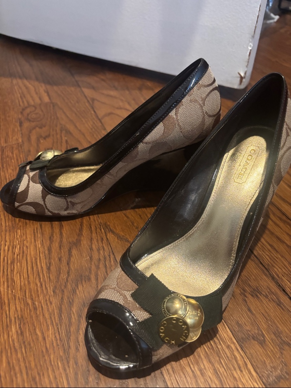 Coach Brown Signature Canvas Peep-Toe Heels with Gold Accents